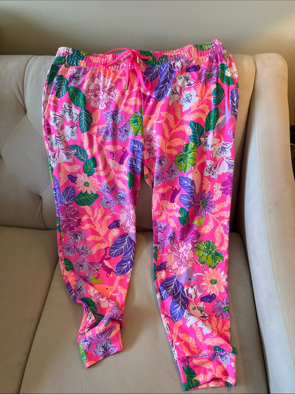 Lilly Pulitzer Pink Tropical Floral Joggers with Green & Purple Accents